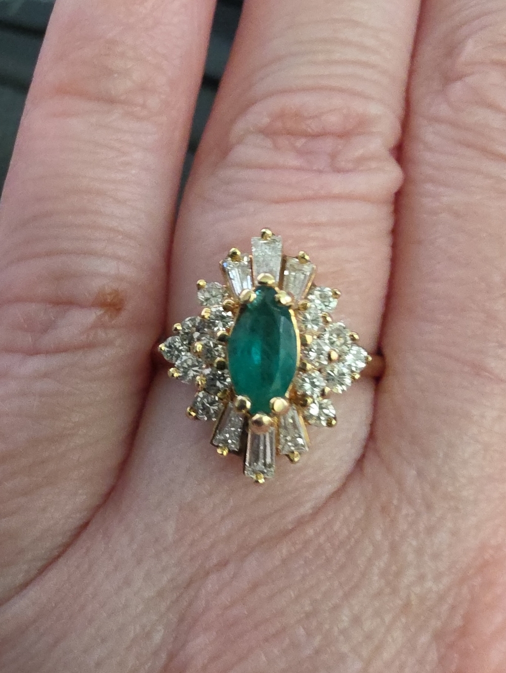 Gold 14K Ring with Marquise Emerald Center and Diamond Accent Stones